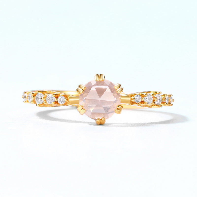 S925 Sterling Silver Gold Plated Natural Rose Quartz Ring