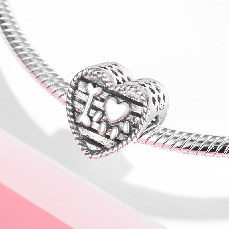 S925 Sterling Silver Heart-Shaped Beaded I Love Dog Pet Paw Print Pendant