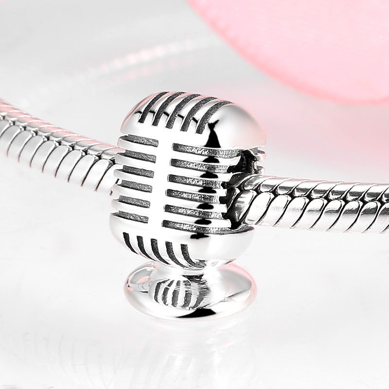 S925 Sterling Silver Vintage Microphone Shape Beaded Pendant