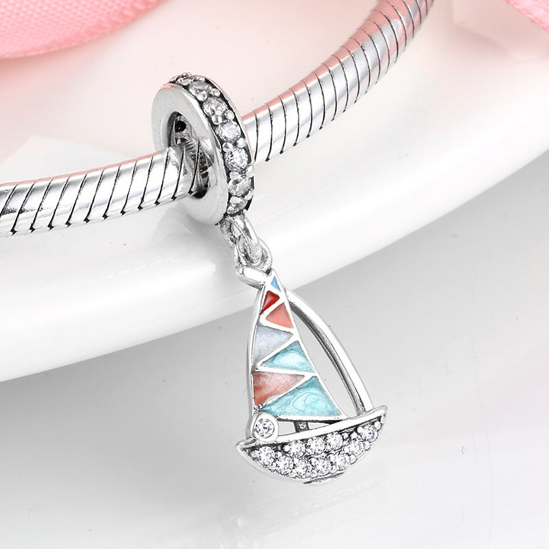 S925 Sterling Silver Colored Enamel Sailboat Inlaid Zircon Pendant