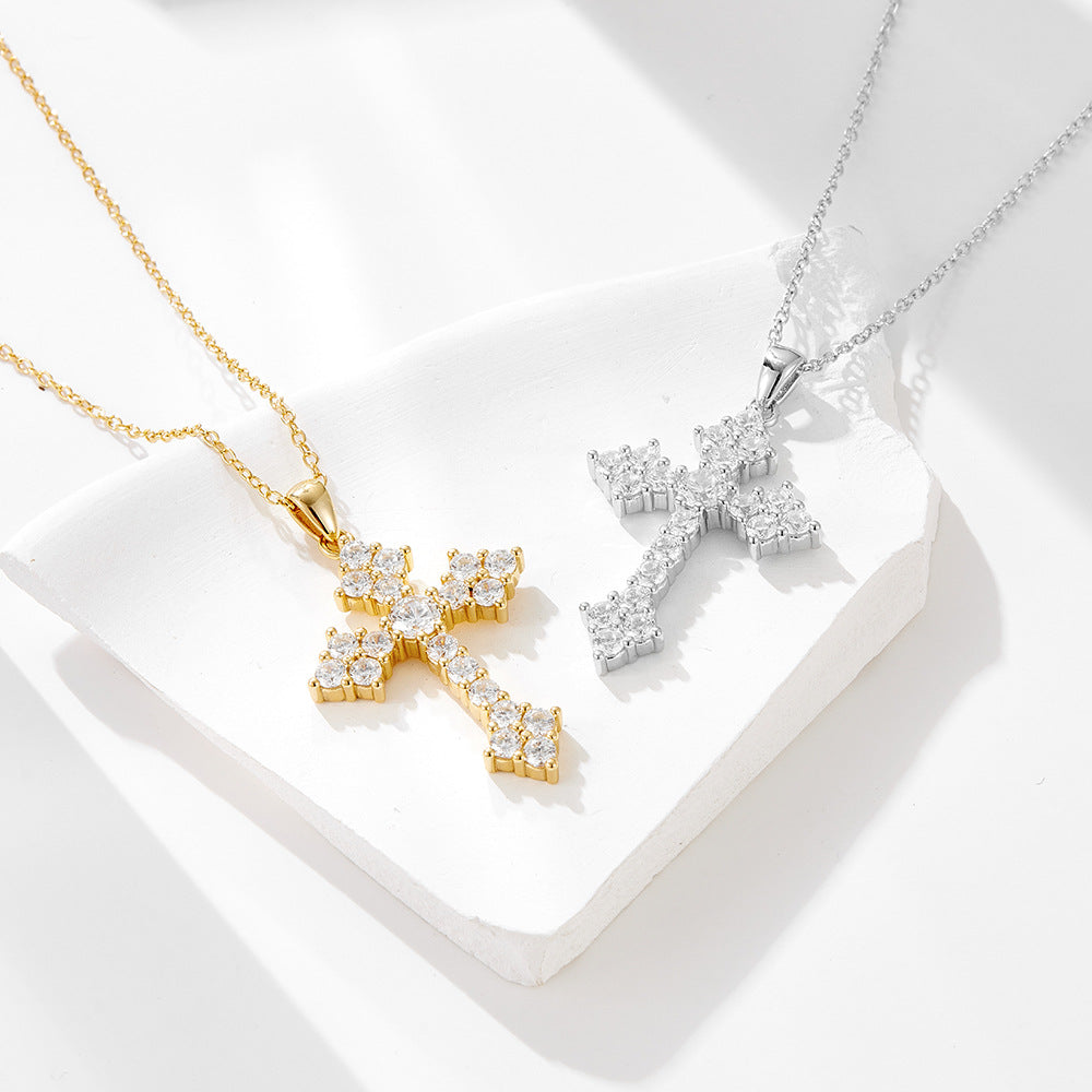 S925 Sterling Silver Cross Full Zircon Inlaid Pendant Necklace