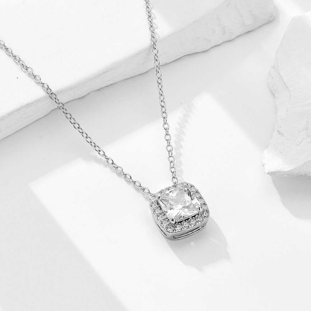 S925 Sterling Silver Fashion Geometry Pattern Square Zircon Pendant Necklace