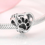 S925 Sterling Silver Heart Paw Print Bead Pendant