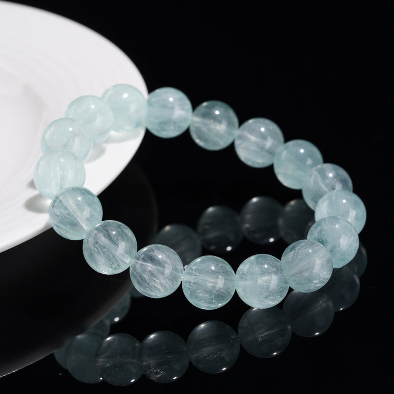 Natural Light Green Fluorite Round Bead Bracelet with Visible Internal Veining