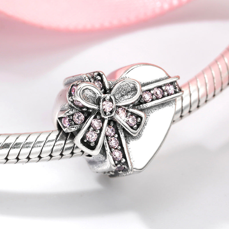 S925 Sterling Silver Zircon Inlaid Heart Gift Box Bead Pendant