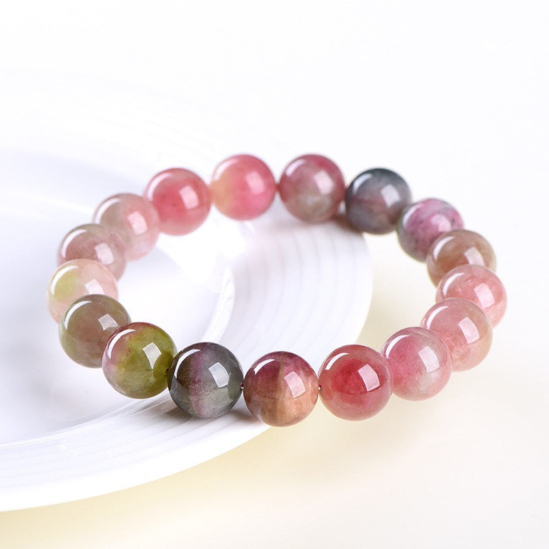 Natural Watermelon Tourmaline Round Bead Bracelet