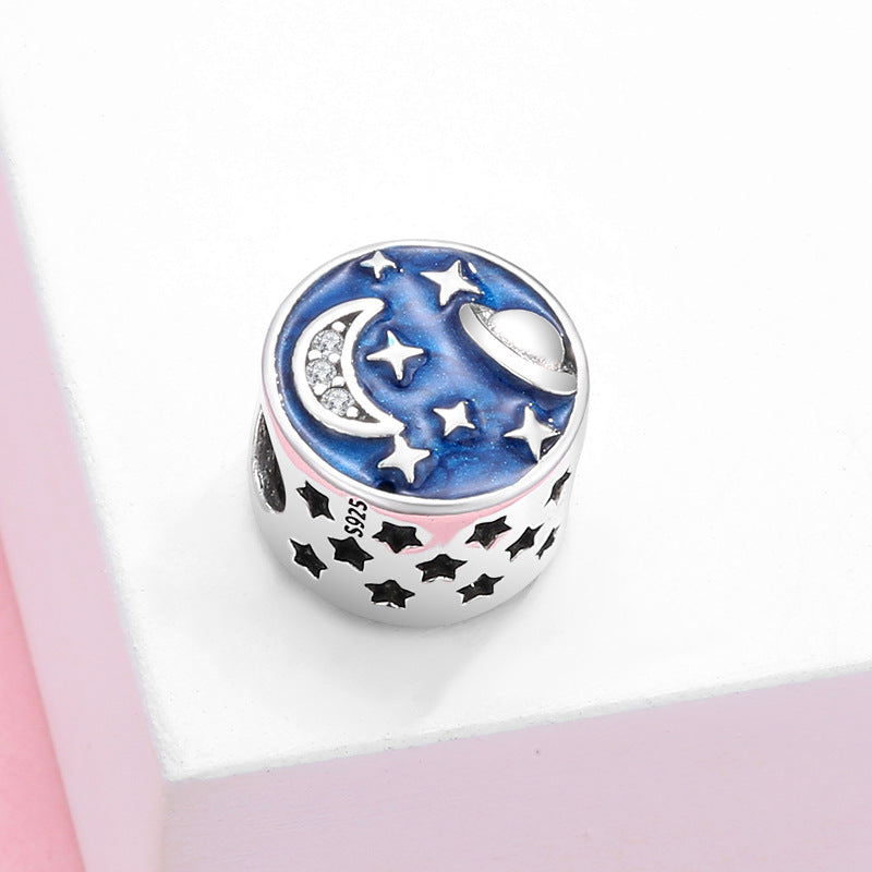 S925 Sterling Silver Round Blue Moon Starry Sky Zircon Inlaid Pendant