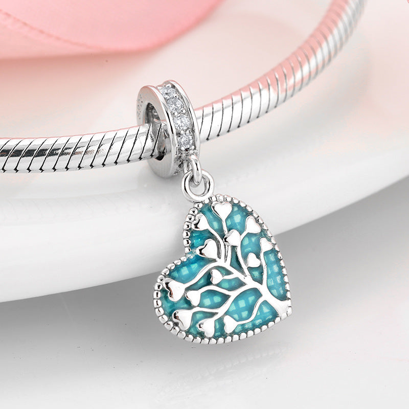 S925 Sterling Silver Heart-Shaped Lucky Tree Blue Enamel Inlaid Hollow Design Pendant