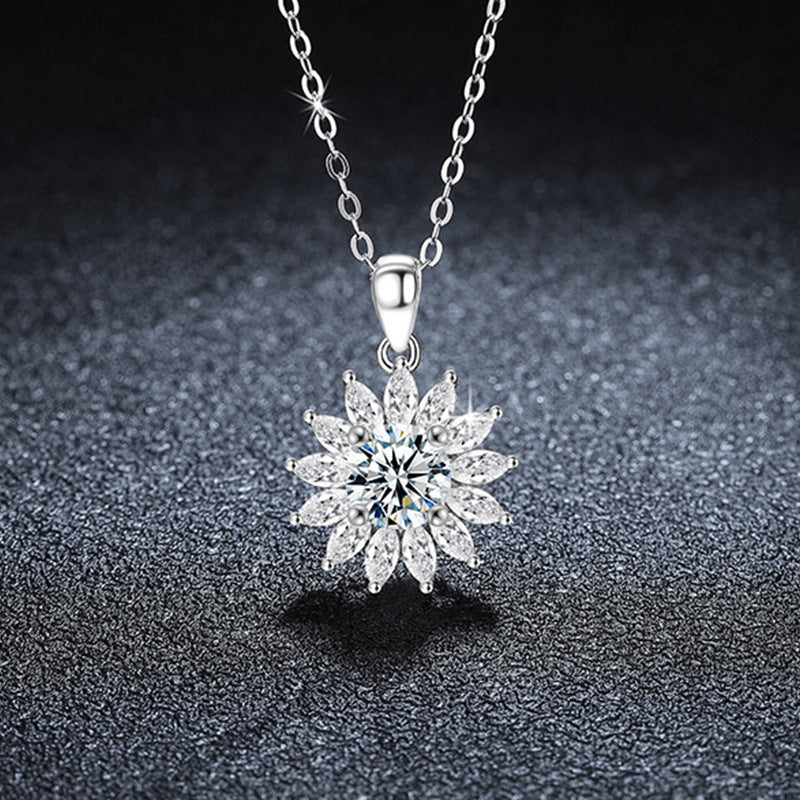 S925 Sterling Silver Moissanite Bright Sunflower Pendant Necklace