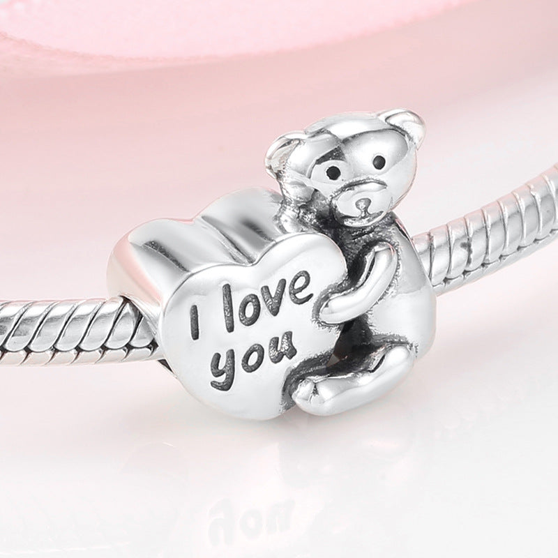 S925 Sterling Silver Bear Love Beaded Couple Pendant