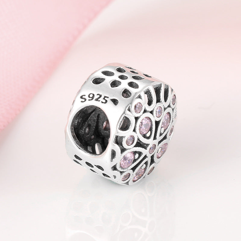 S925 Sterling Silver Inlaid Pink Diamond Hollow Flower Beaded Zircon Pendant