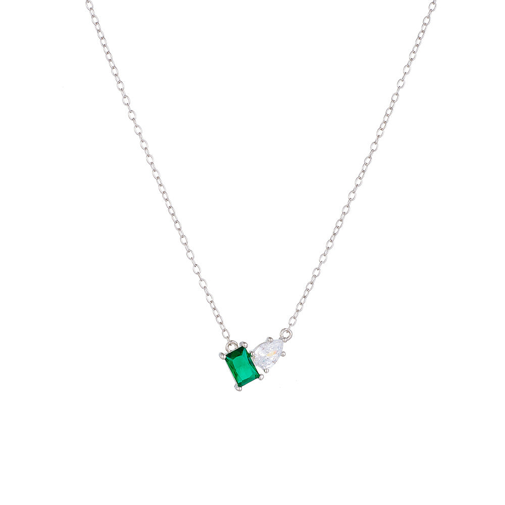 S925 Sterling Silver Inlaid Emerald Rectangular Water Drop Zircon Necklace