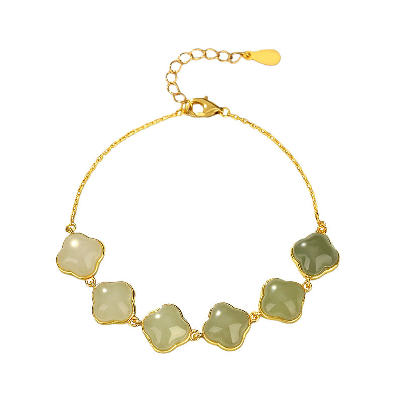 S925 Sterling Silver Women Bracelet | Gradient Hetian Jade Four‑Leaf Clover