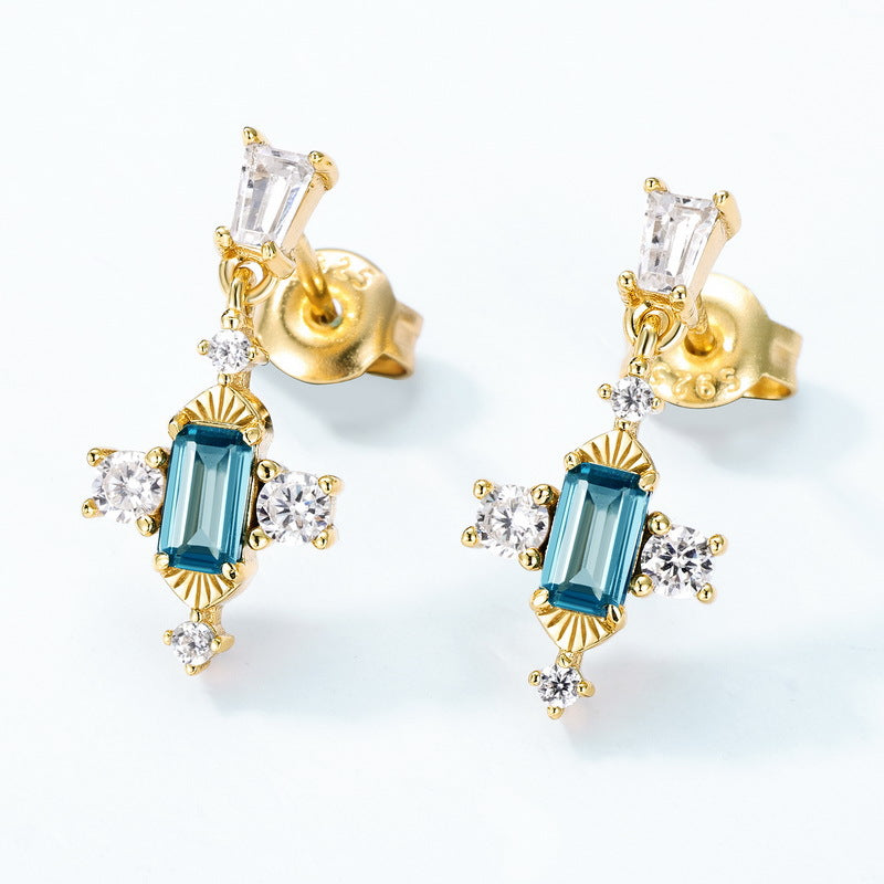 S925 Sterling Silver Gold Plated Gemstone Natural London Blue Earrings