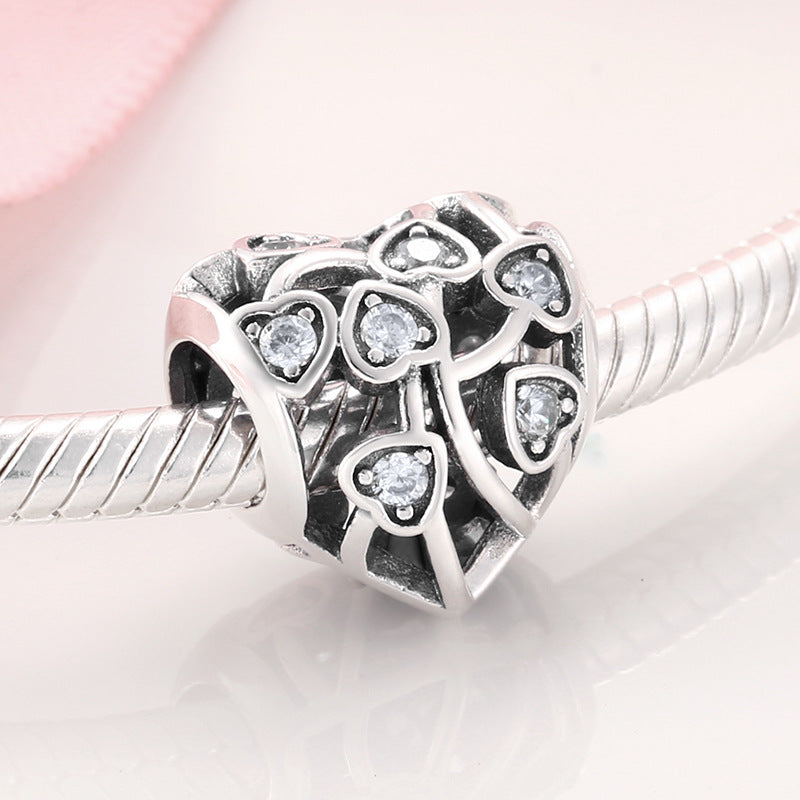 S925 Sterling Silver Hollow Heart Zircon Inlaid Bead Pendant