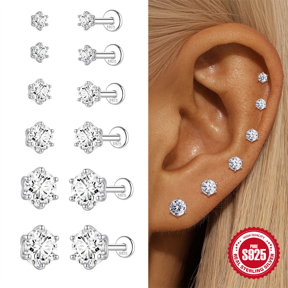 S925 Sterling Silver Six-Prong Moissanite Cartilage Stud Earring(Single unit)
