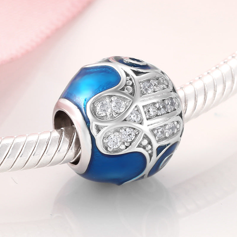 S925 Sterling Silver Blue Beaded Hand of Fatima Inlaid Zircon Pendant