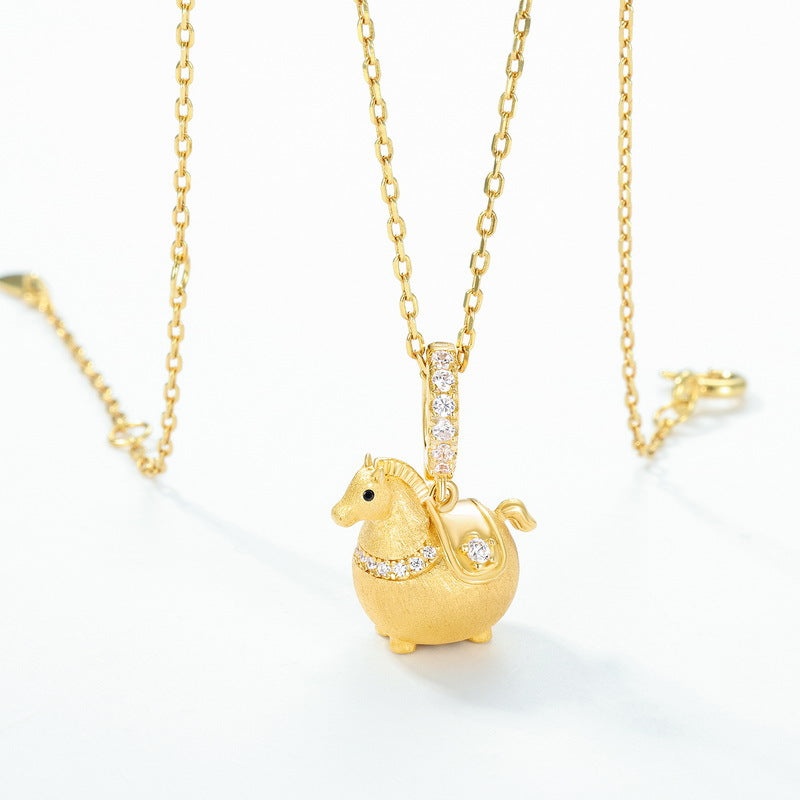 S925 Sterling Silver Zodiac Horse Cute Zircon Pendant Necklace