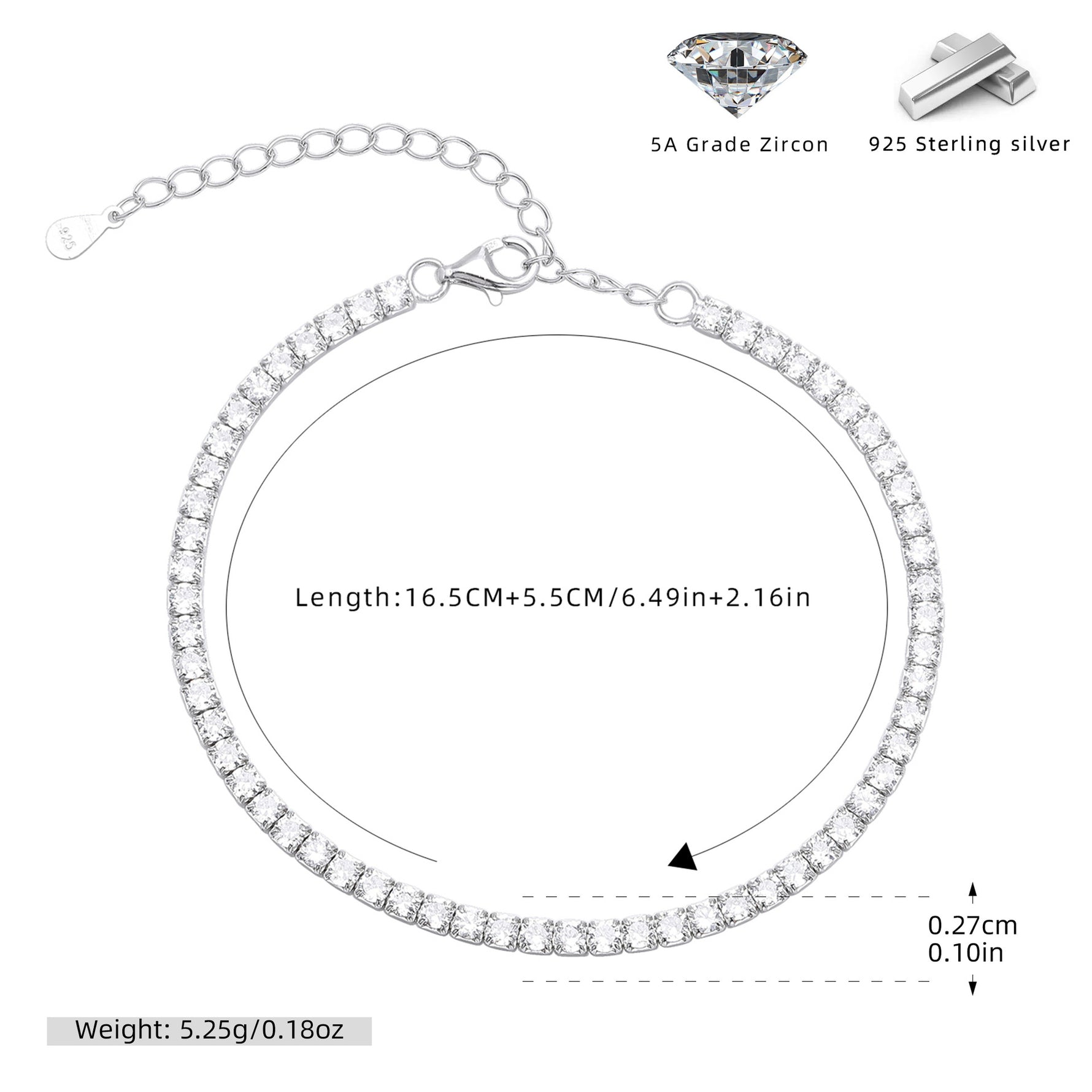 S925 Sterling Silver Four-Prong Cubic Zirconia Bracelet