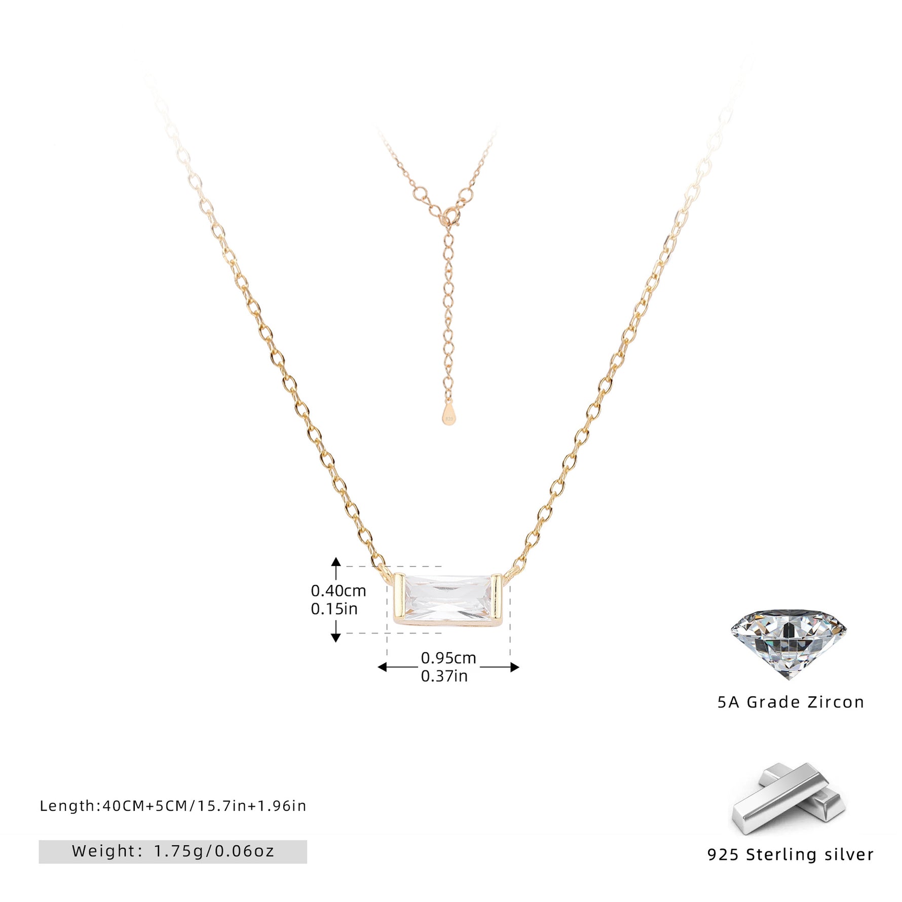 Rectangular colored zircon s925 sterling silver December birthstone collar necklace