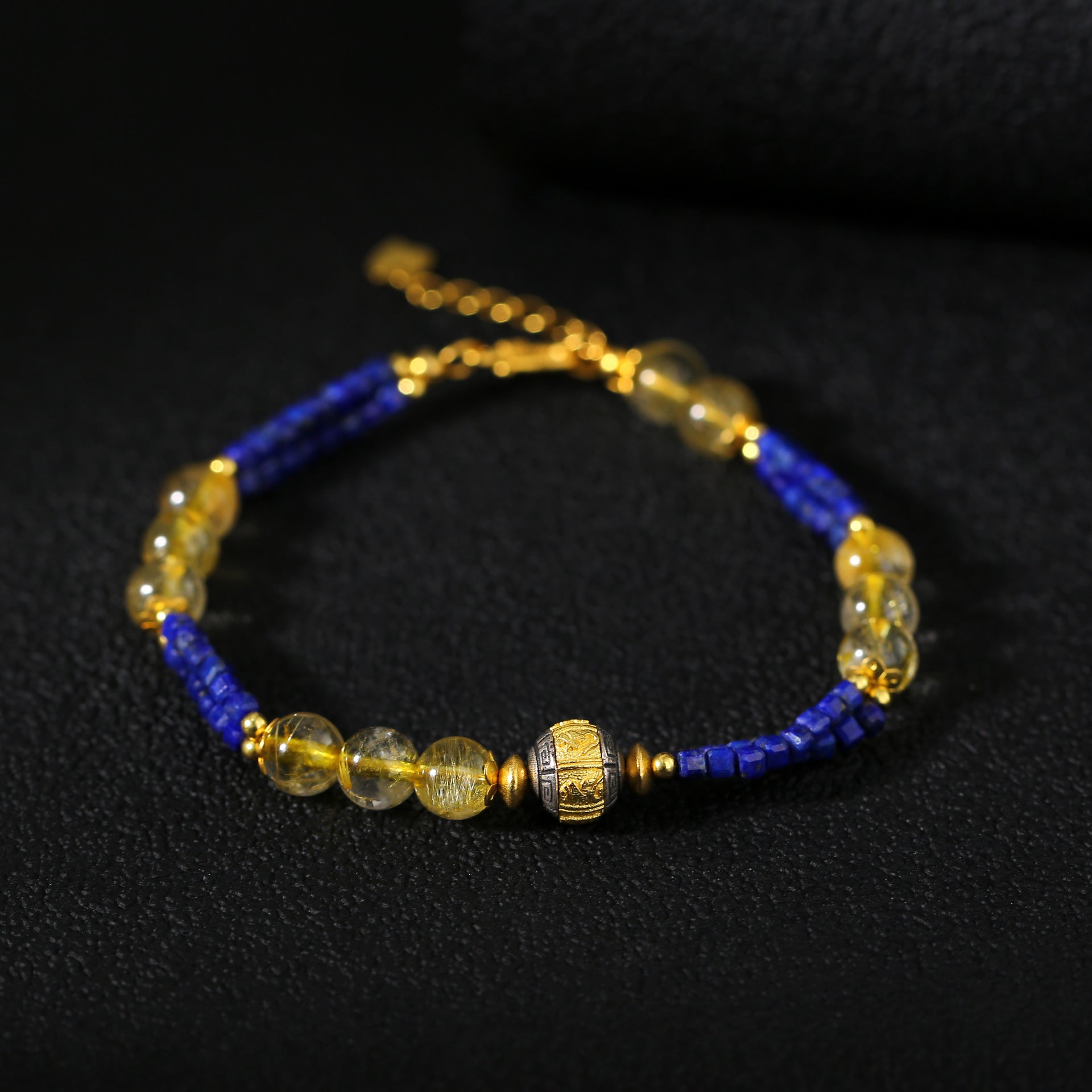 Natural Rutilated Quartz & Lapis Lazuli Hand-Woven Bracelet with Six Syllable Mantra