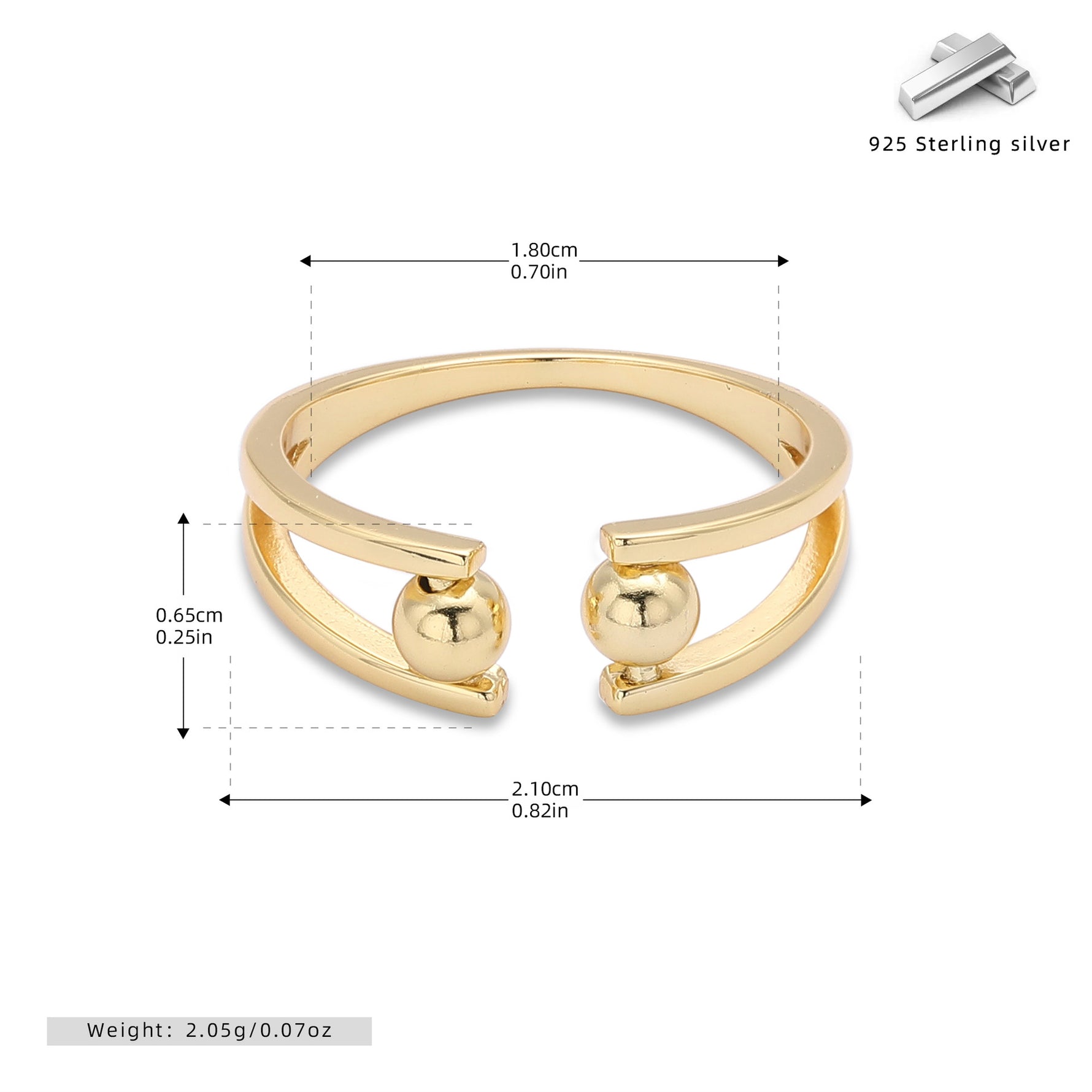 European and American S925 sterling silver double-layered beaded ring with adjustable opening