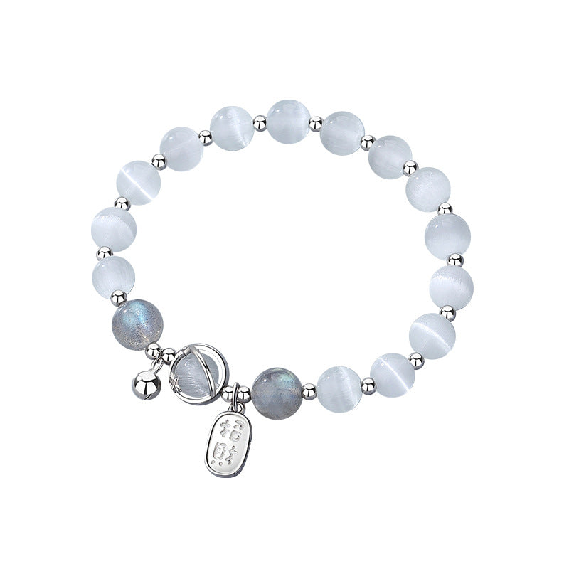 S925 Sterling Silver Bracelet, Fu‑Charm Cat's‑Eye Stone with Bell Beads