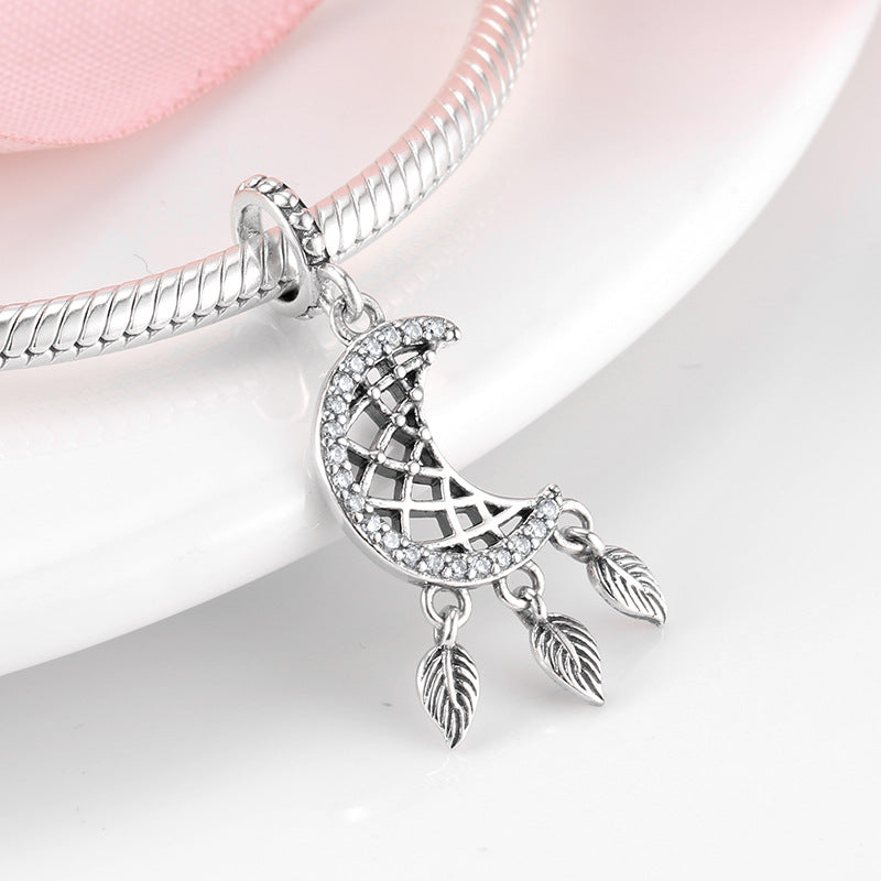 S925 Sterling Silver Moon Hollow Inlaid Zirconium Tassel Leaf Pendant