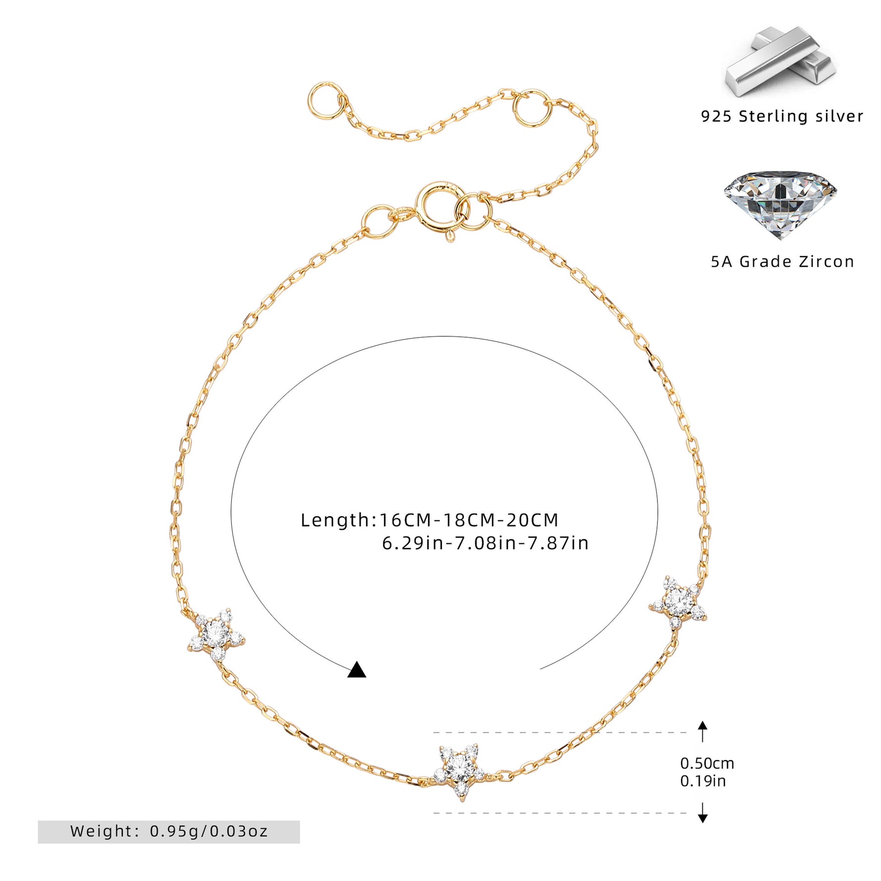 S925 Sterling Silver Pentagram Bracelet with Zirconia
