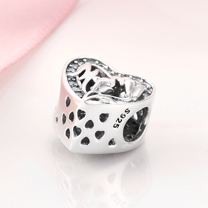 S925 Sterling Silver Loving Heart Hollow Zircon Trim Bead Pendant