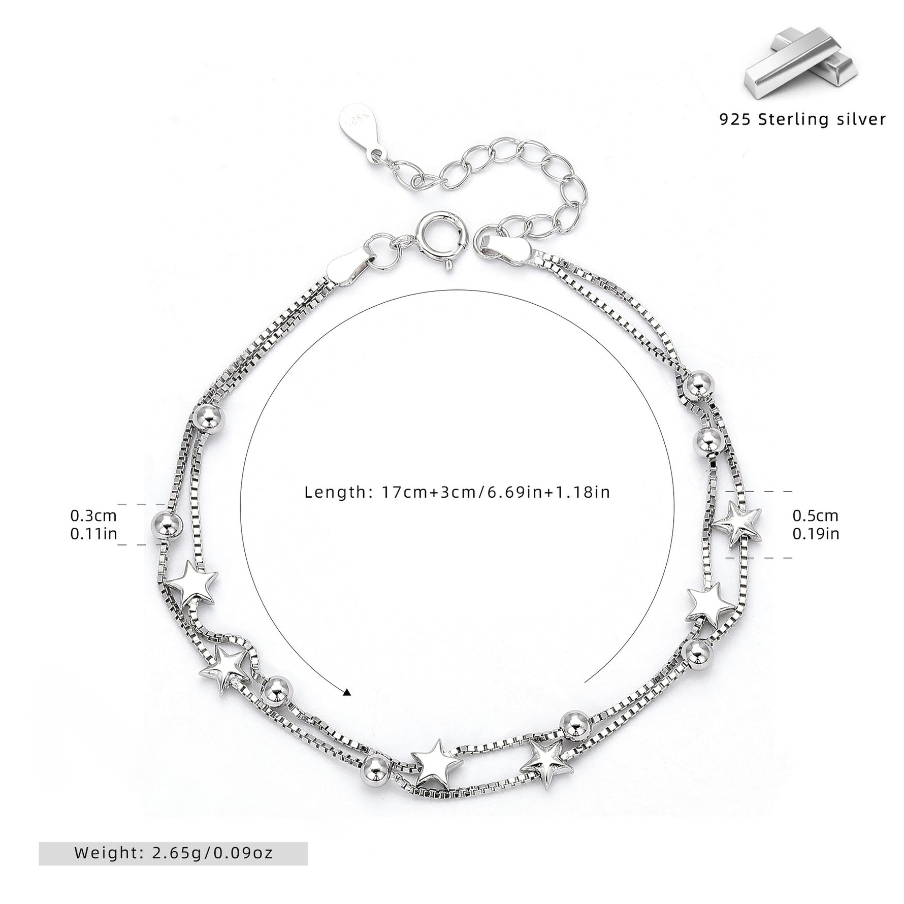 S925 Sterling Silver Double-Layer Bracelet with Small Stars