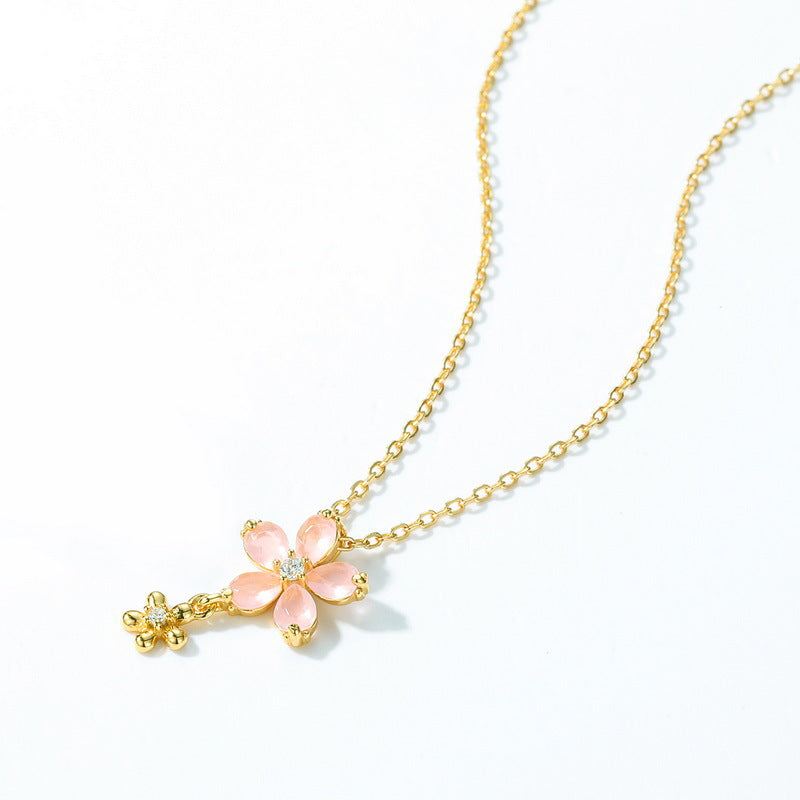 S925 Sterling Silver Plating 10K Gold Pink Little Flower Pendant Zircon Necklace
