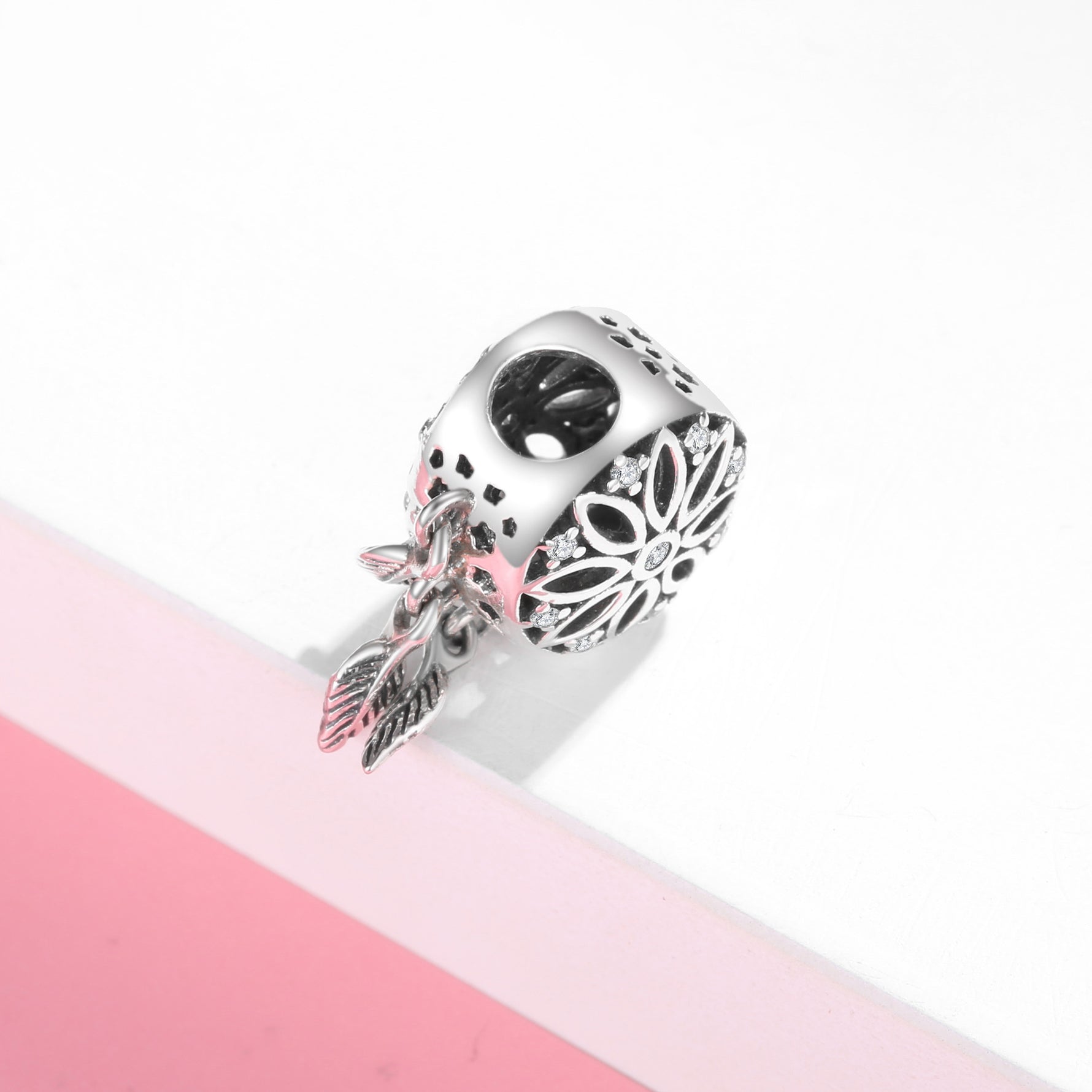 S925 Sterling Silver Hollow Flower Feather Tassel Dreamcatcher Pendant