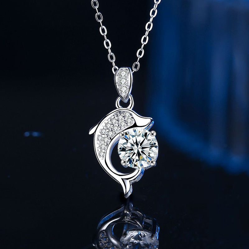 S925 Sterling Silver Moissanite Dolphin Simple Pendant Necklace
