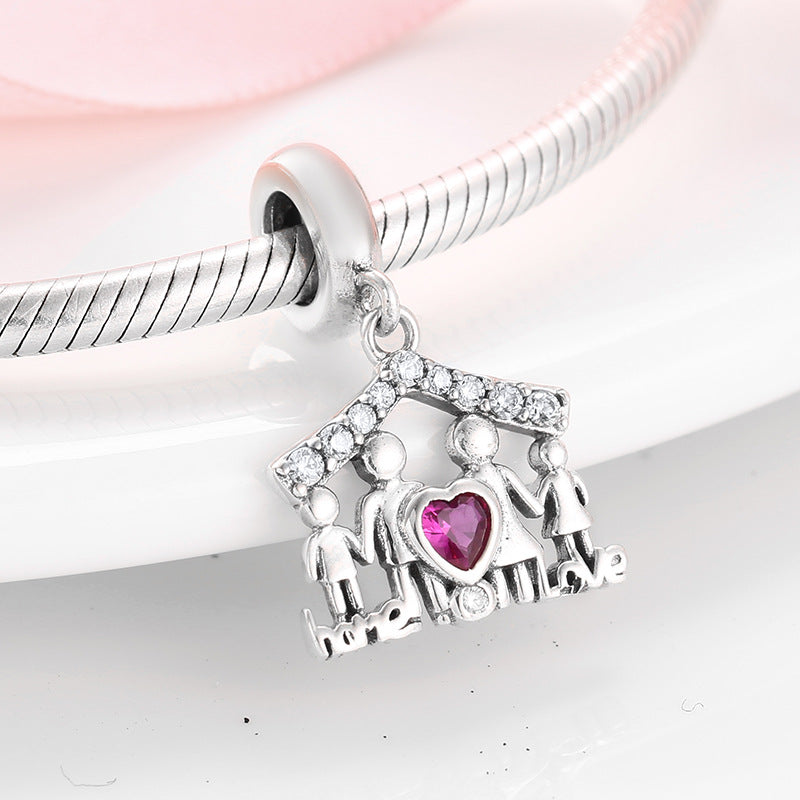 S925 Sterling Silver Family House with Four Members Zircon Inlaid Pendant