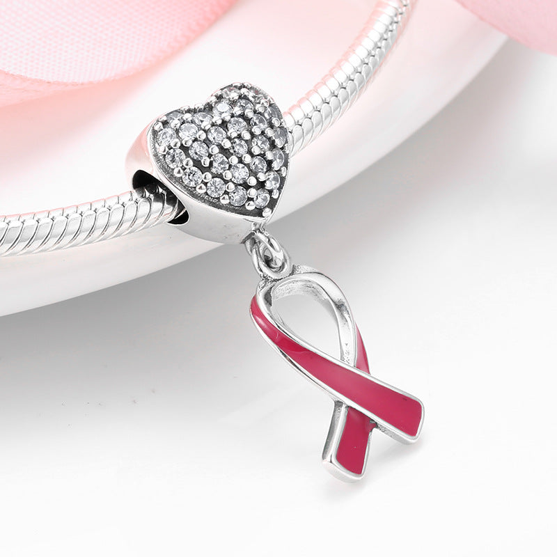 S925 Sterling Silver Red Ribbon Heart Shape Zircon Pendant
