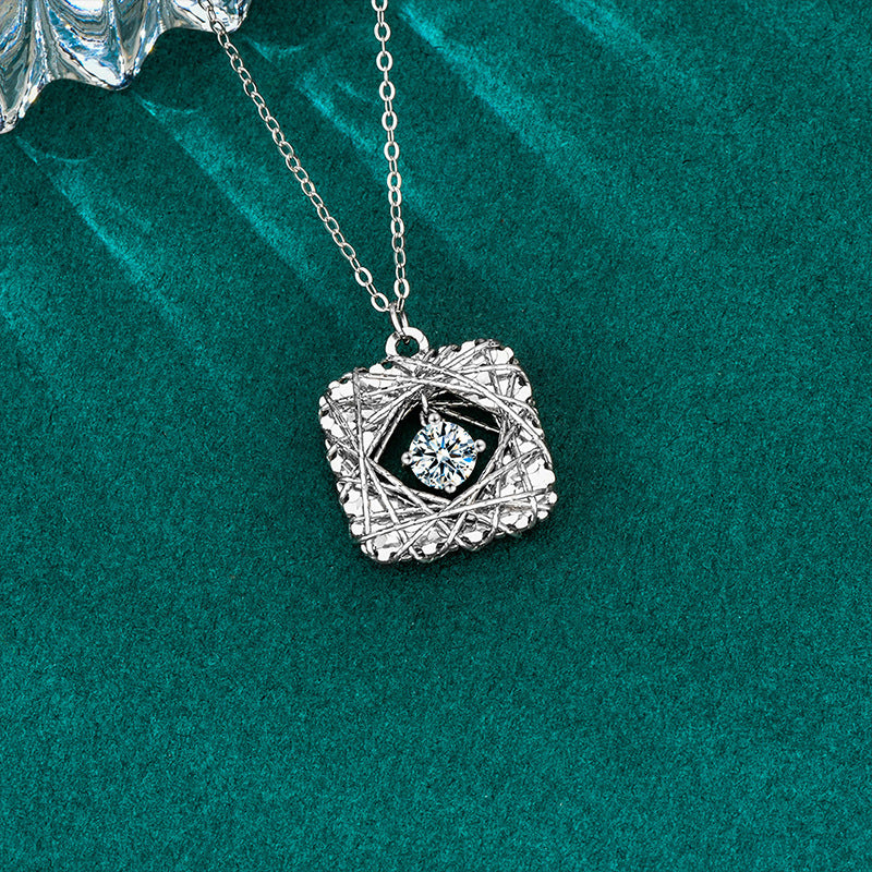 S925 Sterling Silver Moissanite Woven Dream net Square Pendant Necklace