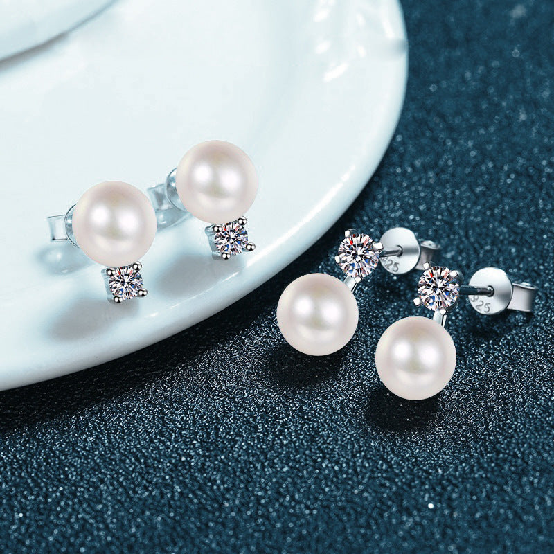 Versatile 925 Sterling Silver Pearl and Moissanite Stud Earrings