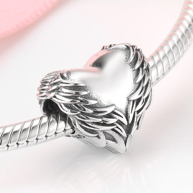 S925 Sterling Silver Loving Heart Wings Beaded Pendant