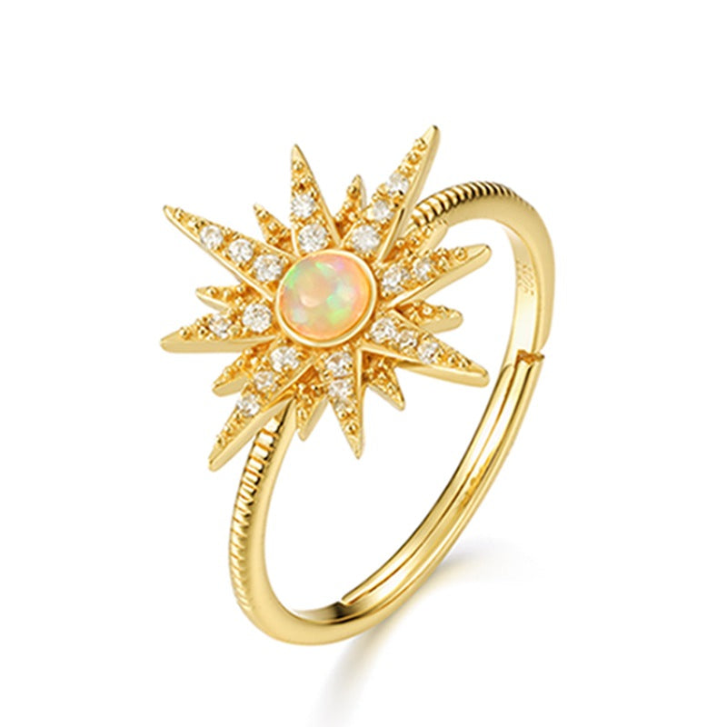 S925 Sterling Silver Gold-Plated Sun Ring Set with Opal and Cubic Gemstones