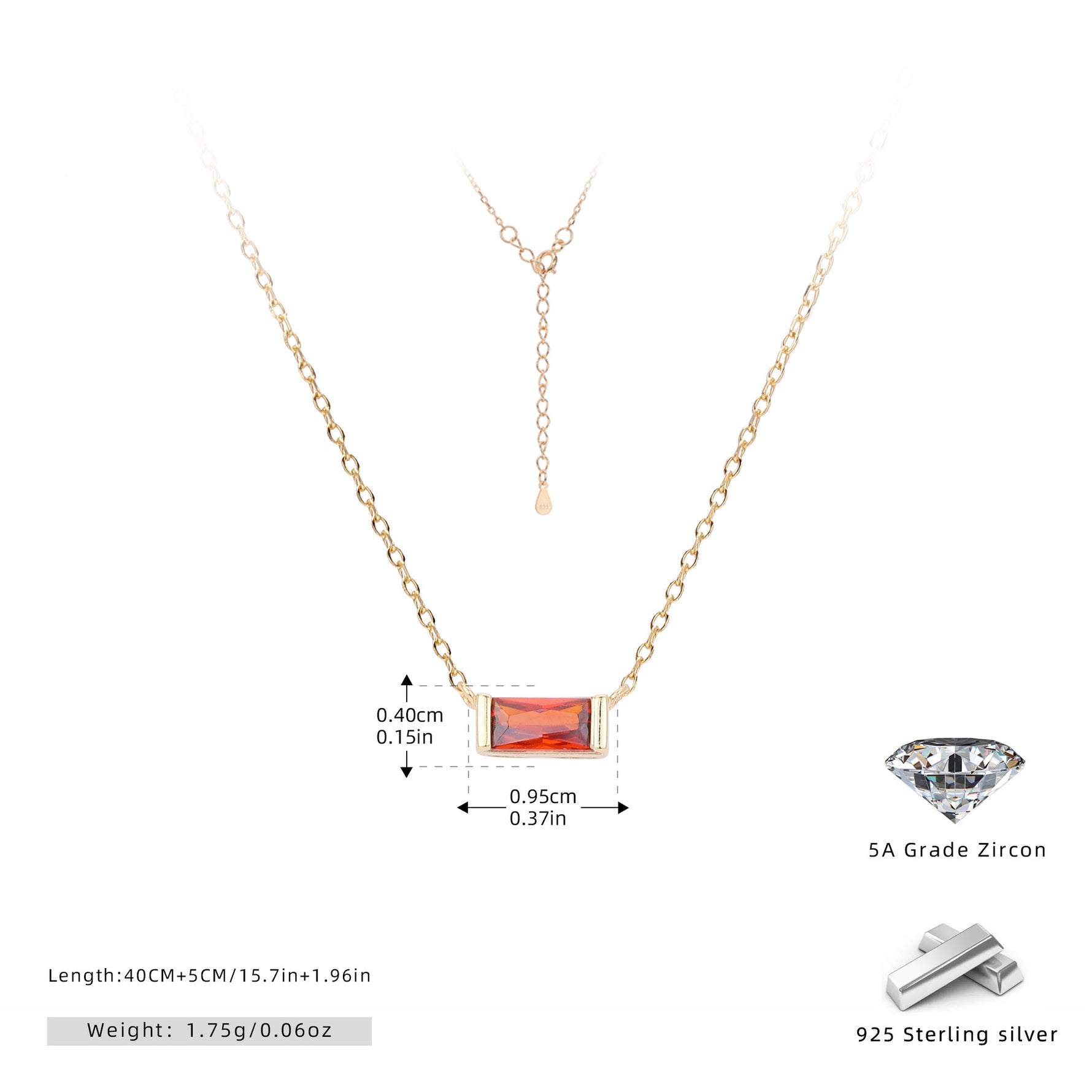Rectangular colored zircon s925 sterling silver December birthstone collar necklace