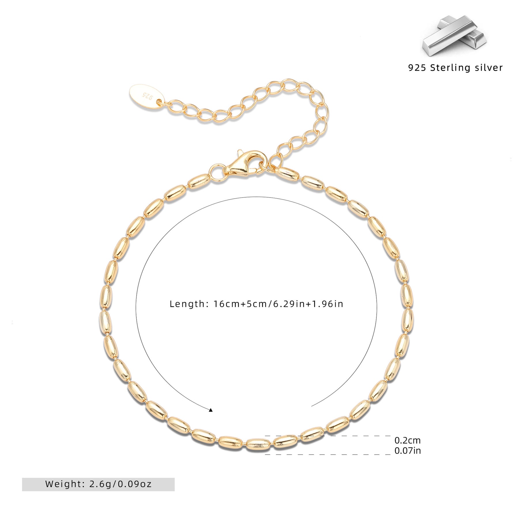 S925 Sterling Silver Rice-Shaped Olive Bead Bracelet