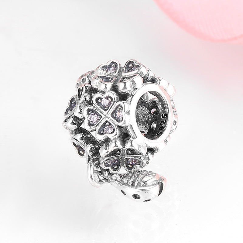 S925 Sterling Silver Four Leaf Clover LADYBIRD Beaded Zircon Pendant