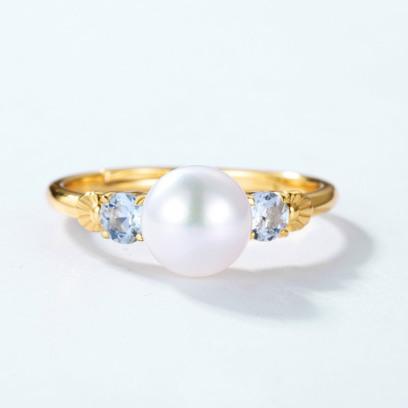S925 Sterling Silver Gold-Plated Sky Blue Topaz Pearl Ring