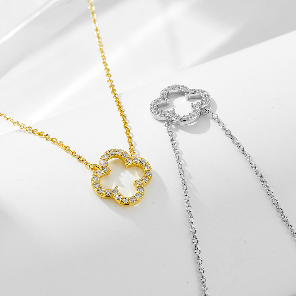 S925 Sterling Silver Hollow Zircon Inlaid Four Leaf Clover Necklace