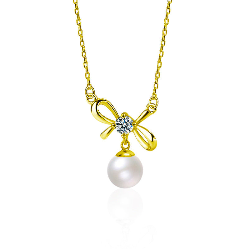 S925 Sterling Silver Moissanite Bowknot Pearl Necklace