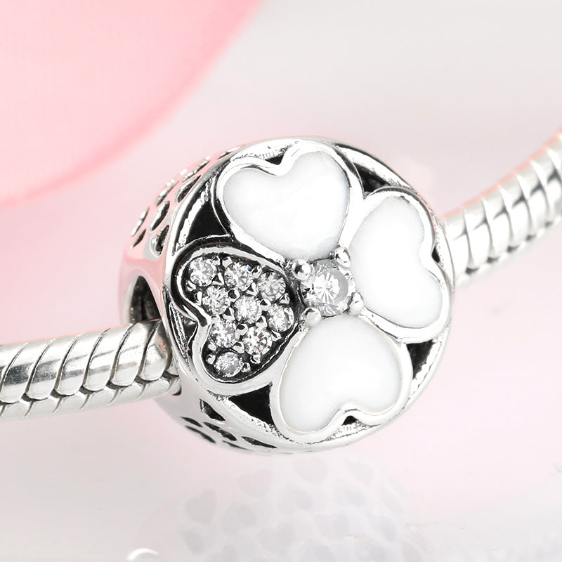 S925 Sterling Silver Round Four Leaf Clover Zircon Inlaid Bead Pendant