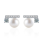 925 silver "balance beam" earrings, set with freshwater pearls and moissanite.