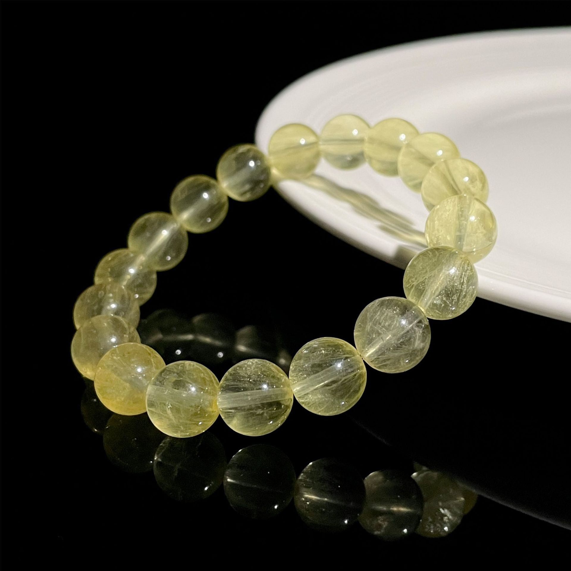 Natural Yellow Fluorite Bead Bracelet with Visible Internal Fibers