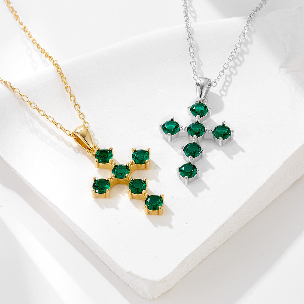 S925 Sterling Silver Retro Emerald Zircon Cross Pendant Necklace